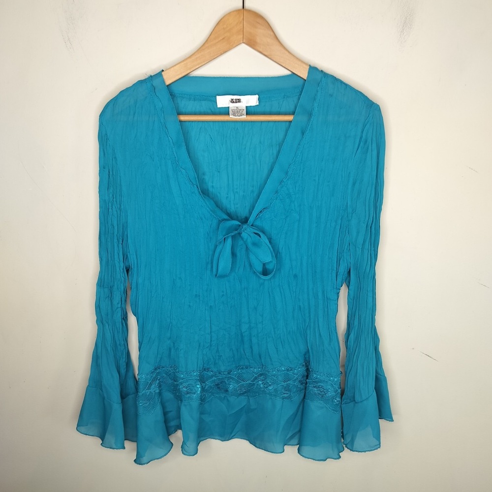 S.L.B Crinkle Blouse Lace Trim Tie Neck Flare Sleeve Fairy Whimsy